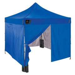 Shelters; Type: Canopy; Width (Feet): 10; Overall Length: 10.00; Center Height: 14 ft; Side Height: 10 ft; Frame Color: Silver; Covering Finish: Polyurethane-Coated; Number Of Doors: 1.000; Number Of Sides: 4; Color: Blue; Frame Material: Steel; Includes: