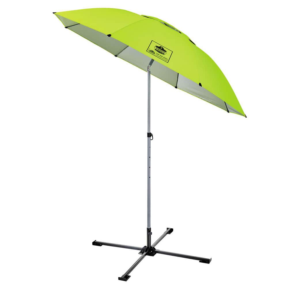 Shelters; Type: Canopy; Width (Feet): 8; Overall Length: 7.50; Center Height: 7.7 ft; Side Height: 7.7 ft; Covering Finish: Polyurethane-Coated; Color: Lime Green; Includes: One (1) 6100 Umbrella and One (1) 6190 Umbrella Stand; Opening Width: 0; Opening