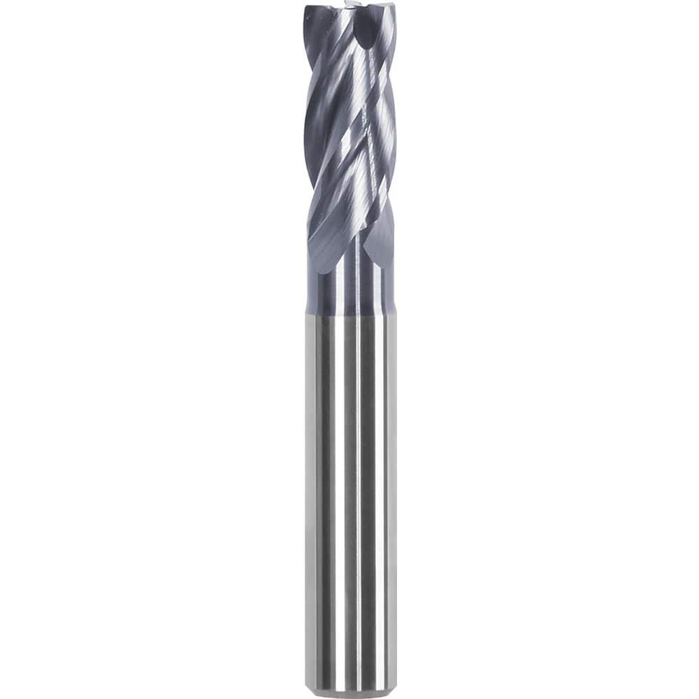 Corner Radius End Mill: 3/8″ Dia, 0.844″ LOC, 0.03″ Radius, 4 Flutes, Solid Carbide 3″ OAL, 3/8″ Shank Dia, Helix, AlTiN Coated, Centercutting