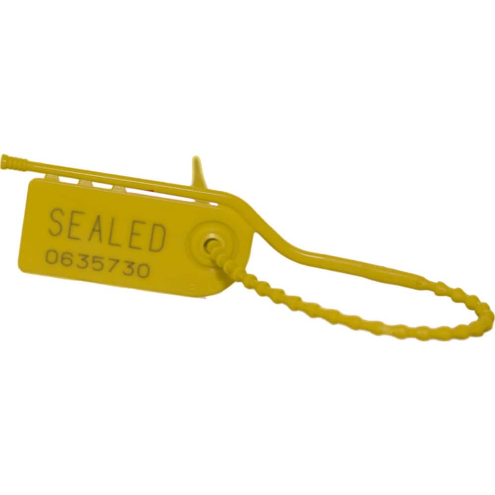 Security Seals; Type: Tamper-Evident Plastic Seal; Overall Length (Decimal Inch): 8.00; Operating Length: 15 in; Breaking Strength: 15.000; Material: Polyethylene; Color: Yellow; Color: Yellow; Overall Length: 8.00; Material: Polyethylene; Product Type: T