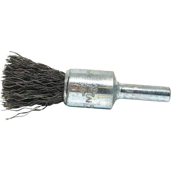 Brush Research Mfg. - 1/2" Brush Diam, Crimped, End Brush - 1/4" Diam Steel Shank, 20,000 Max RPM - Exact Industrial Supply
