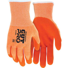 Cut, Puncture & Abrasive-Resistant Gloves: Size M, ANSI Cut A6, ANSI Puncture 3, Nitrile, 13-Guage Knit High-Visibility Orange, 2.913″ OAL, Palm & Fingertips Coated, 13-Guage Knit Back, Single Dipped Grip, ANSI Abrasion 4