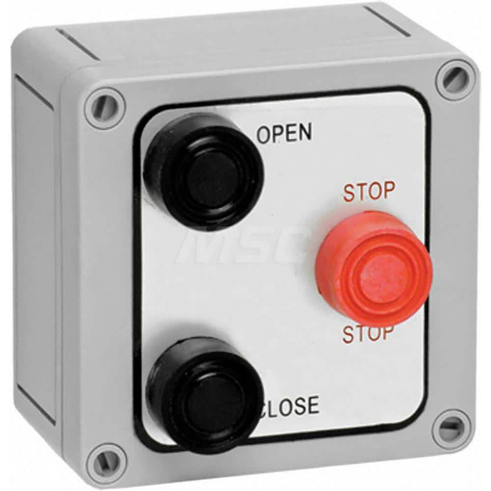 Garage Door Hardware; Type: Control Station, Nema 4X, Surface Mount; For Use With: Commercial Doors; Commercial Gate Openers; Material: Metal; Overall Length: 2.50; Overall Width: 4; Overall Height: 4.25; Number of Buttons: 3; Includes: Corrosion Resistan