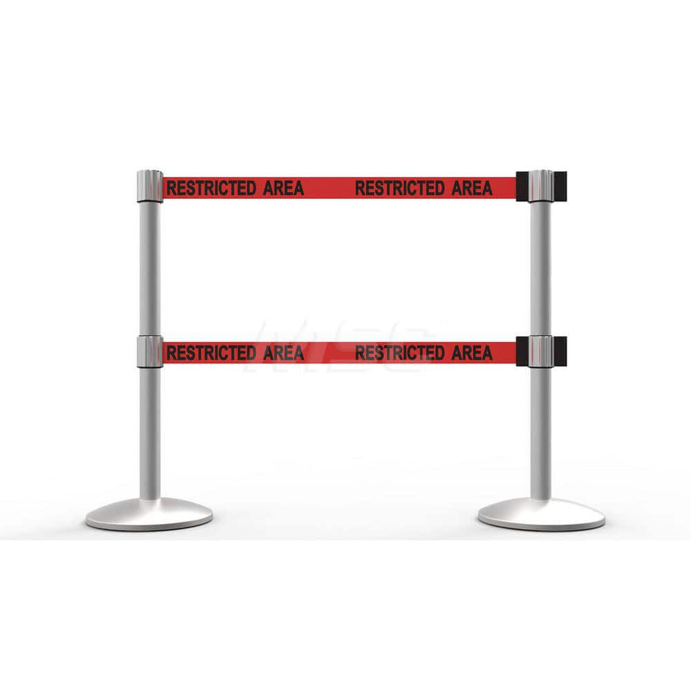 Free Standing Retractable Belt Barrier Post: 40″ High, 2.4″ Dia, Aluminum Post Cast Iron, Red & Silver