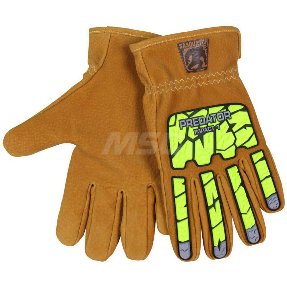 Cut, Puncture & Abrasive-Resistant Gloves: Size 2XL, ANSI Cut A6, ANSI Puncture 4, Leather Tan & High-Visibility Lime, HPPE Lined, Thermoplastic Elastomer Back, Leather Grip, ANSI Abrasion 6