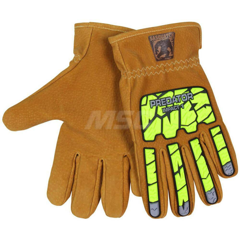 Cut, Puncture & Abrasive-Resistant Gloves: Size XL, ANSI Cut A5, ANSI Puncture 4, Leather Tan & High-Visibility Lime, HPPE Lined, Thermoplastic Elastomer Back, Leather Grip, ANSI Abrasion 6