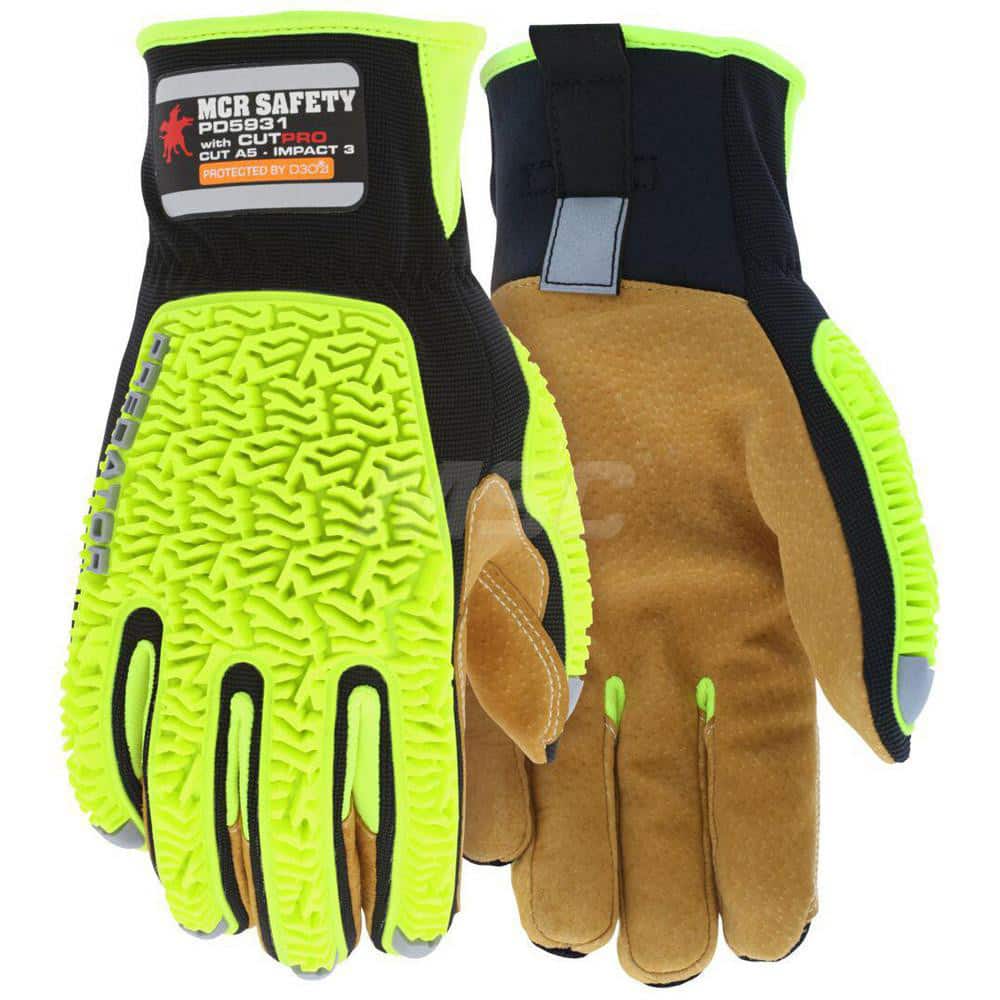 Cut, Puncture & Abrasive-Resistant Gloves: Size 2XL, ANSI Cut A5, ANSI Puncture 4, Leather Black & High-Visibility Lime Green, HPPE Lined, Thermoplastic Elastomer & Internal D3O Foam Back, Leather Grip, ANSI Abrasion 6