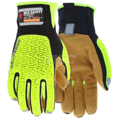 Cut, Puncture & Abrasive-Resistant Gloves: Size M, ANSI Cut A6, ANSI Puncture 4, Leather Tan & High-Visibility Lime, HPPE Lined, Thermoplastic Elastomer Back, Leather Grip, ANSI Abrasion 6