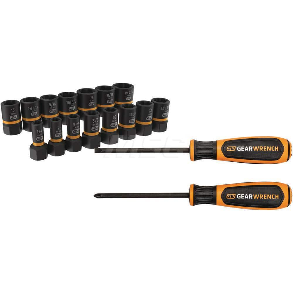 Bolt Extractor: 15 Pc Includes 7 mm, 8 mm (5/16″), 10 mm, 11 mm (7/16″), 12 mm, 13 mm (1/2″), 14 mm (9/16″), 16 mm (5/8″), , 11/16″, (2) Bolt Biter Sets