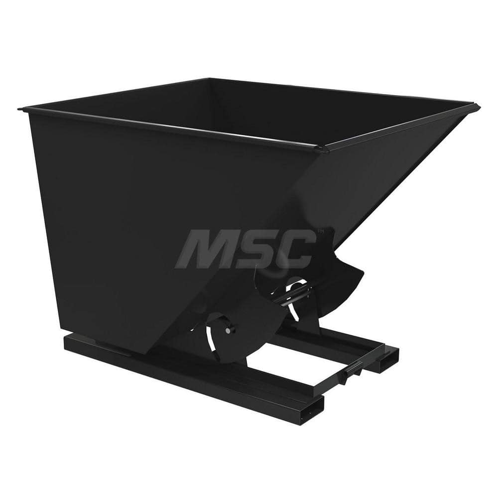 Stationary Tilt Hopper: 2,000 lb Capacity, 57″ Wide, 69″ Long, 52″ High Black, Powder Coated Steel, Hand Control