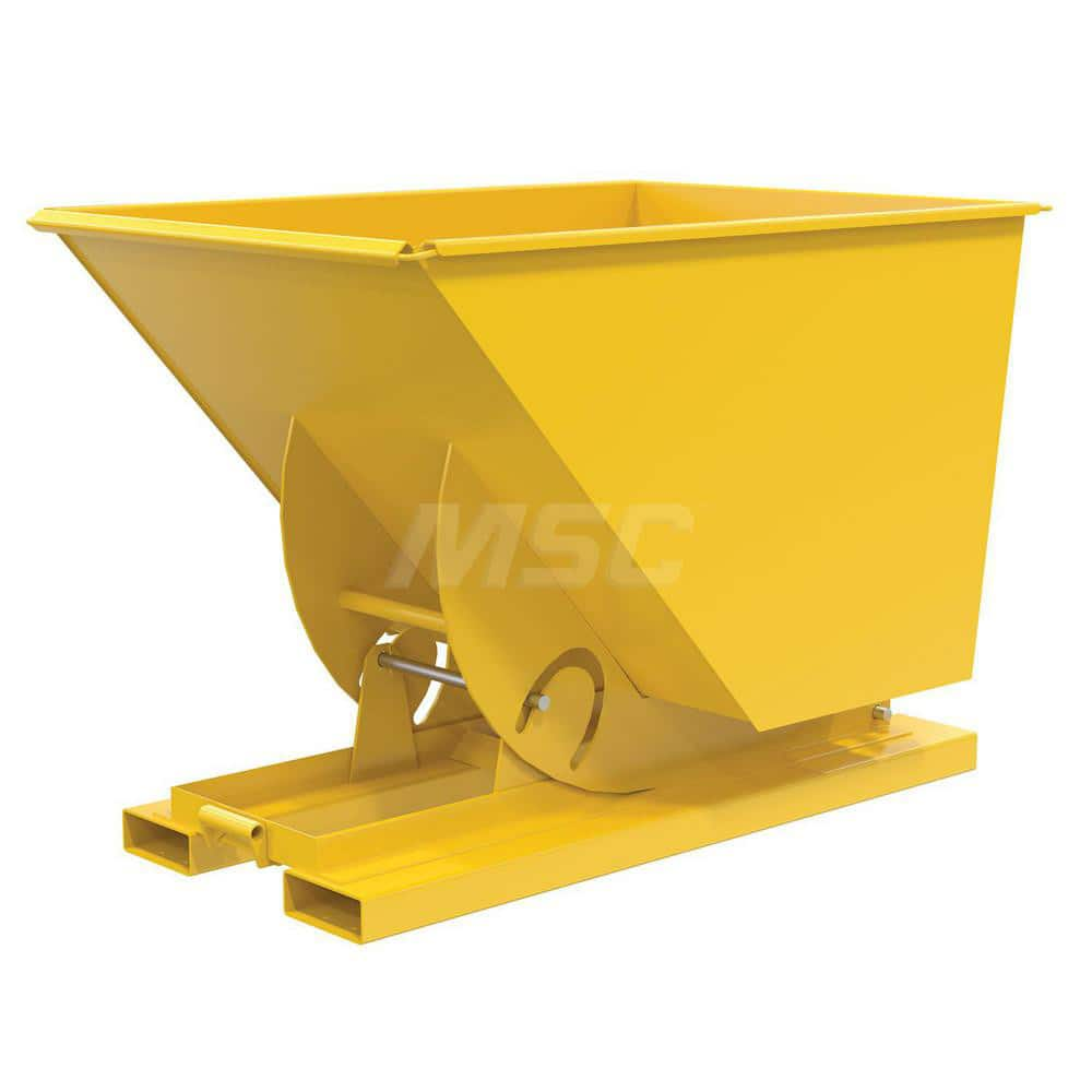 Stationary Tilt Hopper: 2,000 lb Capacity, 42″ Wide, 62″ Long, 43″ High Yellow, Powder Coated Steel, Hand Control