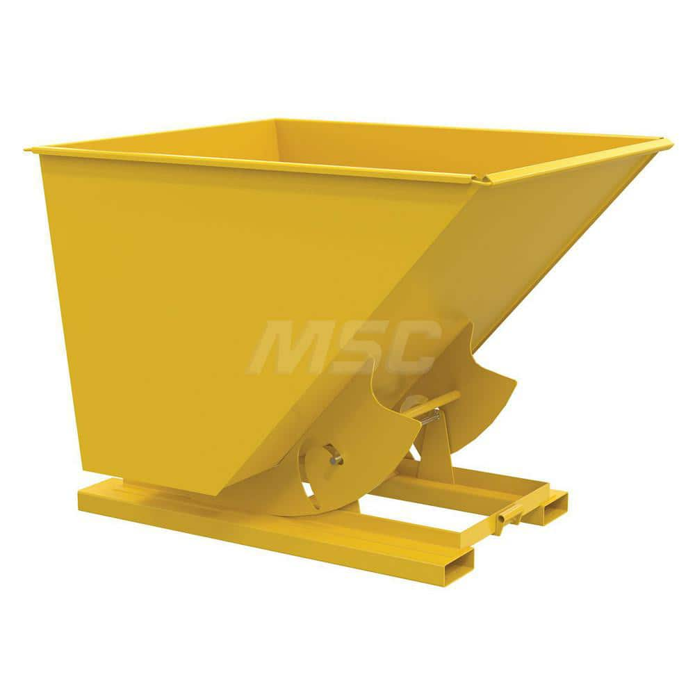 Stationary Tilt Hopper: 2,000 lb Capacity, 57″ Wide, 69″ Long, 52″ High Yellow, Powder Coated Steel, Hand Control