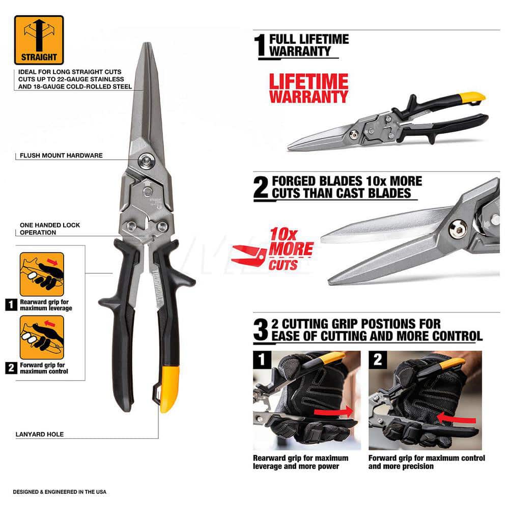 Snips: 13.58″ OAL, 3.1″ LOC, Carbon Steel Blades Straight, Triple-Injected-Plastic & Steel Handle