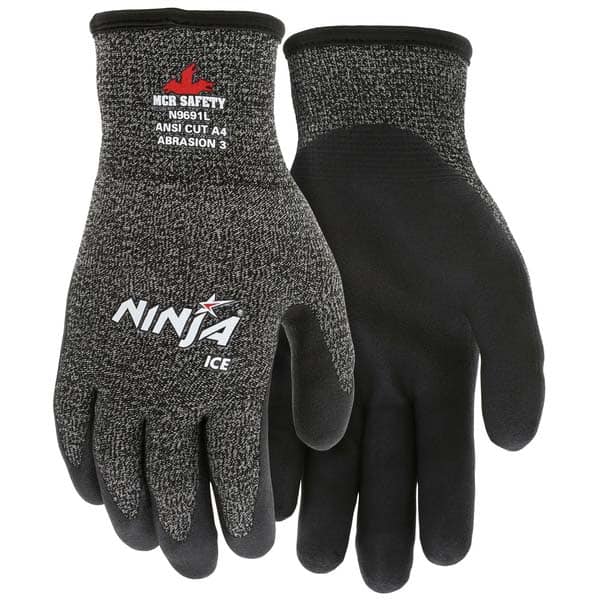 Cut-Resistant Gloves: Size L, ANSI Cut 4, HPT, Nylon & Glass Filament Black, Palm & Fingertips Coated, Acrylic & Terry Lined, Nylon & Terry Cloth Back