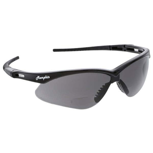 Safety Glass: Scratch-Resistant, Polycarbonate, Gray Lenses, Curved, UV Protection Black Frame, Single