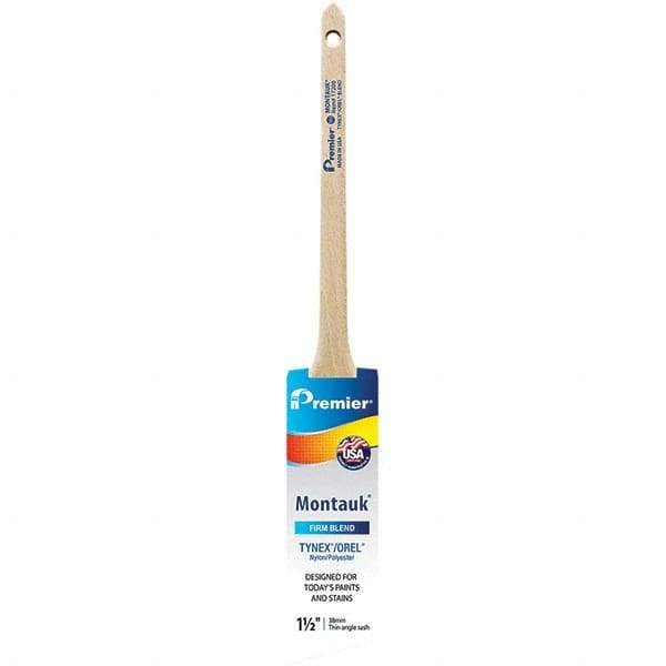 Premier Paint Roller - 1-1/2" Tapered Nylon/Polyester Trim Brush - 2-3/16" Bristle Length, 7" Wood Sash Handle - Exact Industrial Supply