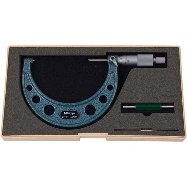 Mechanical Outside Micrometer: 4″ Range, 0.0001″ Graduation  ±.000150″ Accuracy, Ratchet Stop Thimble, Rotating Spindle, Calibrated