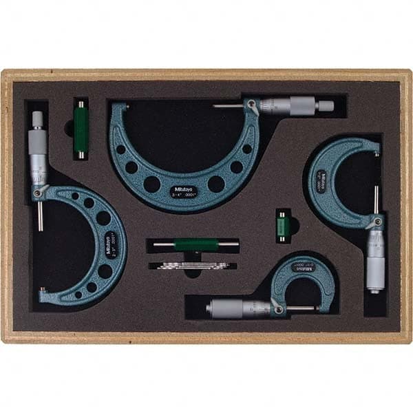 Mitutoyo - Mechanical Outside Micrometer Sets Minimum Measurement (Inch): 0 Maximum Measurement (Inch): 4.0000 - Exact Industrial Supply