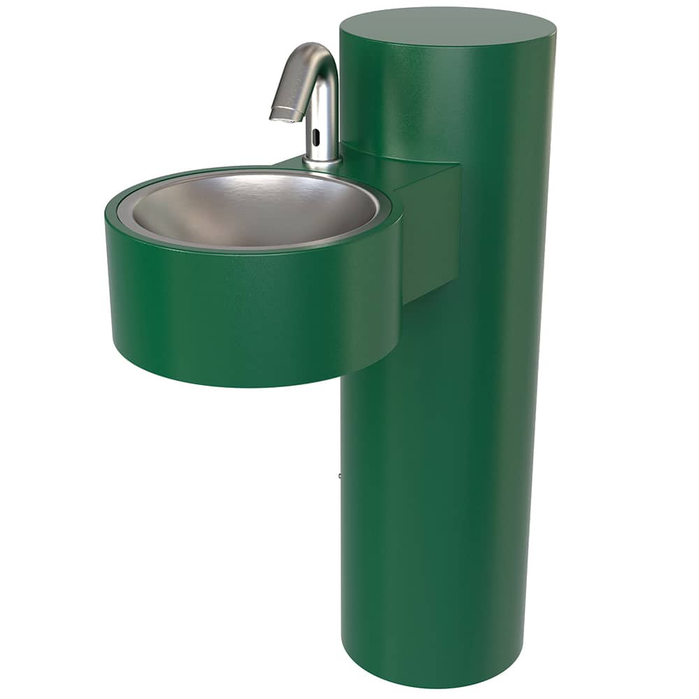 Wash Fountains; Style: Outdoor; Drain Type: Wall Outlet; Diameter (Inch): 18 in; 18; GPM: 0.50; Material Grade: Galvannealed; 304 Stainless; Bowl Depth: 3.5; Height (Floor to Rim): 33.75; Type: Wall Outlet; Wall Mounted; Overall Diameter: 18 in; Drain Typ