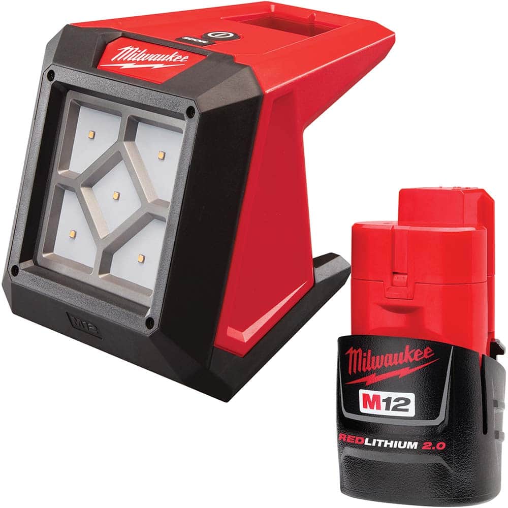 Milwaukee Tool - Cordless Work Lights; Voltage: 12 ; Run Time: 15 Hrs. ; Lumens: 1000 ; Color: Red ; Includes: M12 12V 2A Red Li-Ion Compact Battery ; PSC Code: 6210 - Exact Industrial Supply