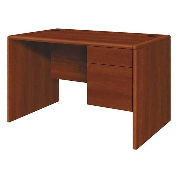 Office Desks; Type: Single Pedestal w/Right Hand Return; Center Draw: No; Color: Cherry; Material: High-Pressure Laminate; Width (Inch): 48; 48 in; Overall Width: 48 in; Depth (Inch): 30; 30 in; Overall Depth: 30 in; EPP Indicators: SCS Indoor Advantage;