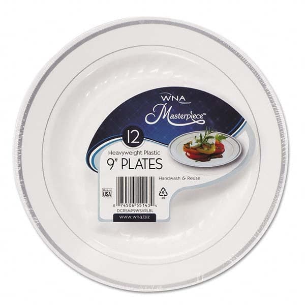 WNA - Masterpiece Plastic Plates, 9 in, White w/Silver Accents, Round, 120/Carton - Exact Industrial Supply