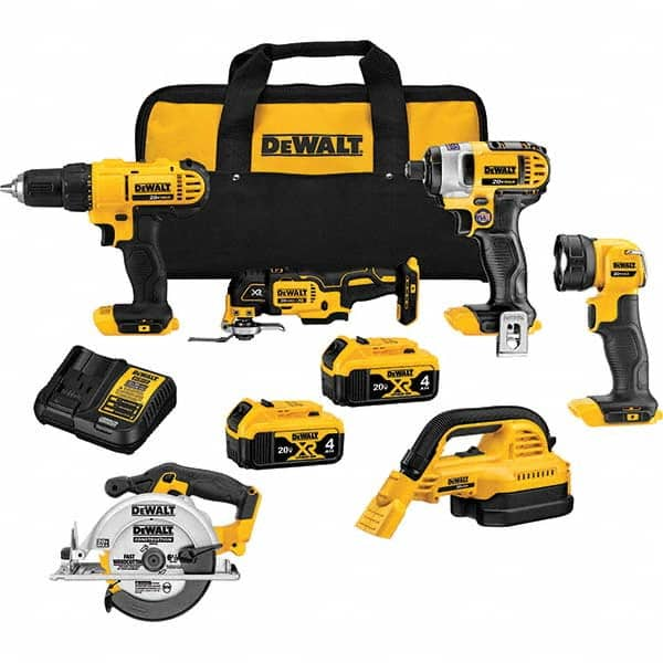 DeWALT - Cordless Tool Combination Kits Voltage: 20 Tools: 1/2" Drill/Driver; 1/4" Impact Driver; Wet-Dry Vacuum; Work Light; 6-1/2" Circular Saw; Oscillating Multi-Tool - Exact Industrial Supply