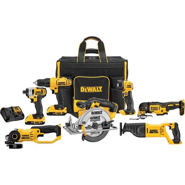 DeWALT - Cordless Tool Combination Kits Voltage: 20 Tools: 1/2" Drill/Driver; 1/4" Impact Driver; 6-1/2" Circular Saw; Work Light; Reciprocating Saw; Grinder; Blue Tooth Speaker - Exact Industrial Supply