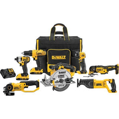 DeWALT - Cordless Tool Combination Kits Voltage: 20 Tools: 1/2" Drill/Driver; 1/4" Impact Driver; 6-1/2" Circular Saw; Work Light; Reciprocating Saw; Grinder; Blue Tooth Speaker - Exact Industrial Supply