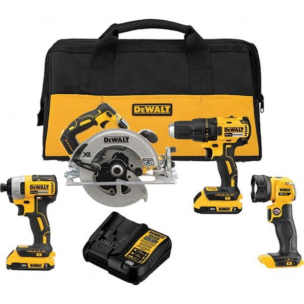 DeWALT - Cordless Tool Combination Kits Voltage: 20 Tools: Brushless 1/2" Cordless Drill/Driver; Brushless 1/4" Cordless Impact Driver; Brushless XR 7-1/4 Circular Saw; Cordless LED Work Light - Exact Industrial Supply