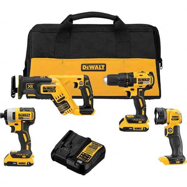 DeWALT - Cordless Tool Combination Kits Voltage: 20 Tools: Brushless 1/2" Cordless Drill/Driver; Brushless 1/4" Cordless Impact Driver; Brushless Cordless Compact Reciprocating Saw; Cordless LED Work Light - Exact Industrial Supply