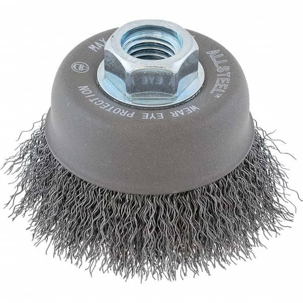 Cup Brush: 3″ Dia, 0.0118″ Wire Dia, Steel, Knotted 5/8-11 Arbor Hole, 7/8″ Trim Length, 12,000 Max RPM