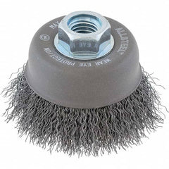 Cup Brush: 3″ Dia, 0.0118″ Wire Dia, Steel, Knotted 5/8-11 Arbor Hole, 7/8″ Trim Length, 12,000 Max RPM