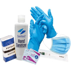 No Brand - Emergency Preparedness Kits Type: Back-to-Work Safety Kit Contents: (5) Ear Loop Masks; (5) Pair of Nitrile Gloves Size Large; Disposable Thermometer; Tissue Packet; 3.4oz Hand Sanitizer; (6) Antiseptic Towelettes - Exact Industrial Supply