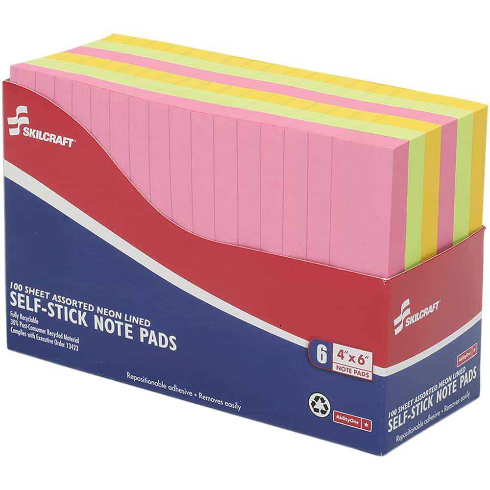 Ability One - Note Pads, Writing Pads & Notebooks; Writing Pads & Notebook Type: Self-Stick Notes ; Size: 4 x 6 ; Number of Sheets: 100 ; Color: Lime; Melon; Lemon; Pink - Exact Industrial Supply