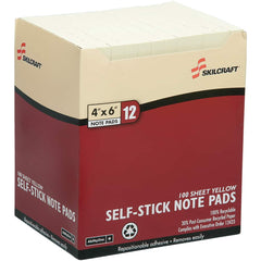 Ability One - Note Pads, Writing Pads & Notebooks; Writing Pads & Notebook Type: Self-Stick Notes ; Size: 4 x 6 ; Number of Sheets: 100 ; Color: Yellow - Exact Industrial Supply