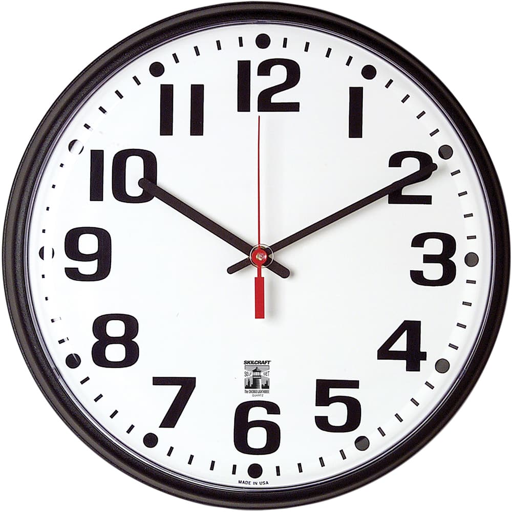 Ability One - Wall Clocks; Type: Wall Clock ; Display Type: Analog ; Power Source: (1) AA Battery ; Face Color: White ; Case Color: Black ; Face Diameter: 12-3/4 (Inch) - Exact Industrial Supply