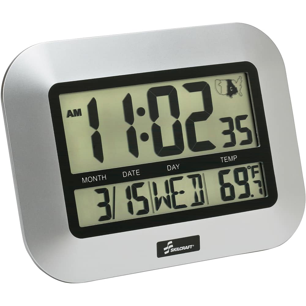 Ability One - Wall Clocks; Type: Radio Clock ; Display Type: LCD Digital ; Power Source: AAA Batteries ; Face Color: Gray ; Width (Inch): 7-1/4 ; Height (Inch): 9-3/4 - Exact Industrial Supply