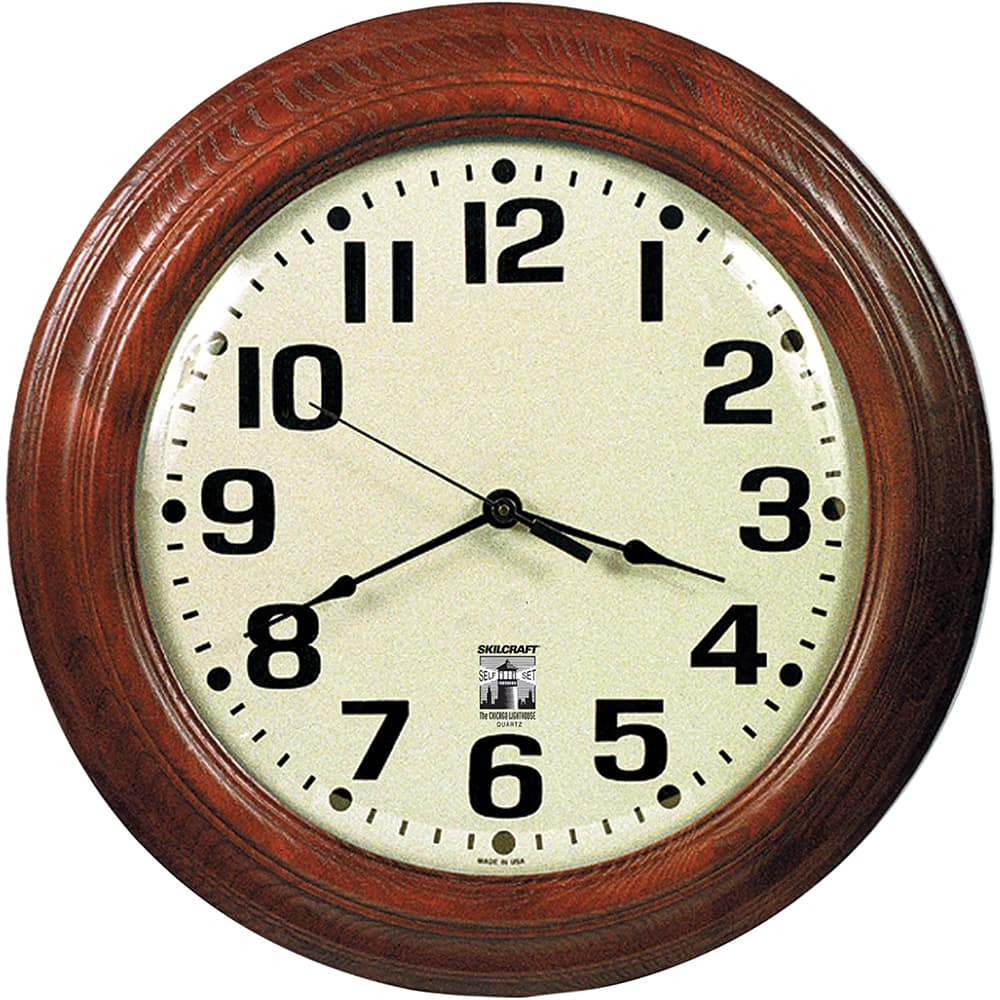 Ability One - Wall Clocks; Type: Wall Clock ; Display Type: Analog ; Power Source: Battery ; Face Color: White ; Case Color: Brown ; Face Diameter: 16 (Inch) - Exact Industrial Supply