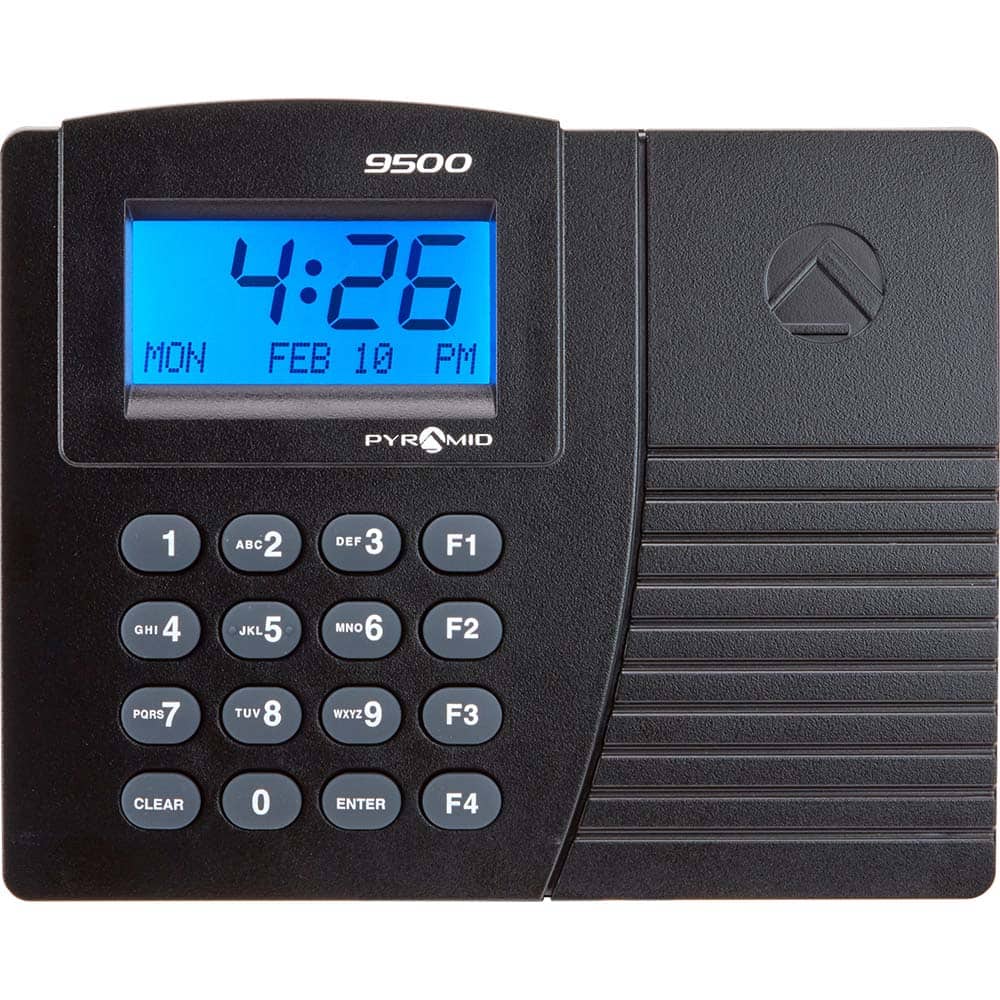 Pyramid - Time Clocks & Time Recorders; Punch Style: Automatic; Electronic ; Power Source: 110/220; 120VAC Plug-in ; Display Type: LCD Display ; Registration Output: 0-23 Hours, Date, Minutes, Month ; Material: Plastic ; Color: Black - Exact Industrial Supply