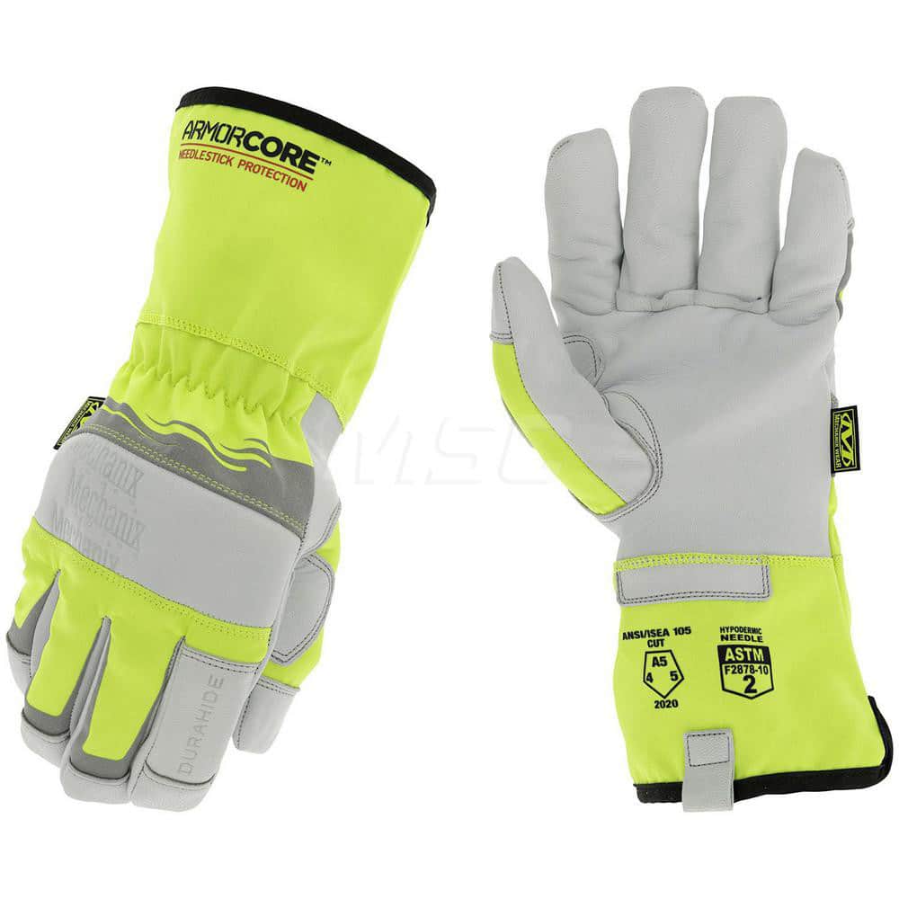 Cut & Puncture-Resistant Gloves: Large, ANSI Cut A5, ANSI Puncture 0, Cotton & Polyester Lined, Leather & Polyester High-Visibility Yellow, 13″ OAL, Soft Textured Grip, High Visibility