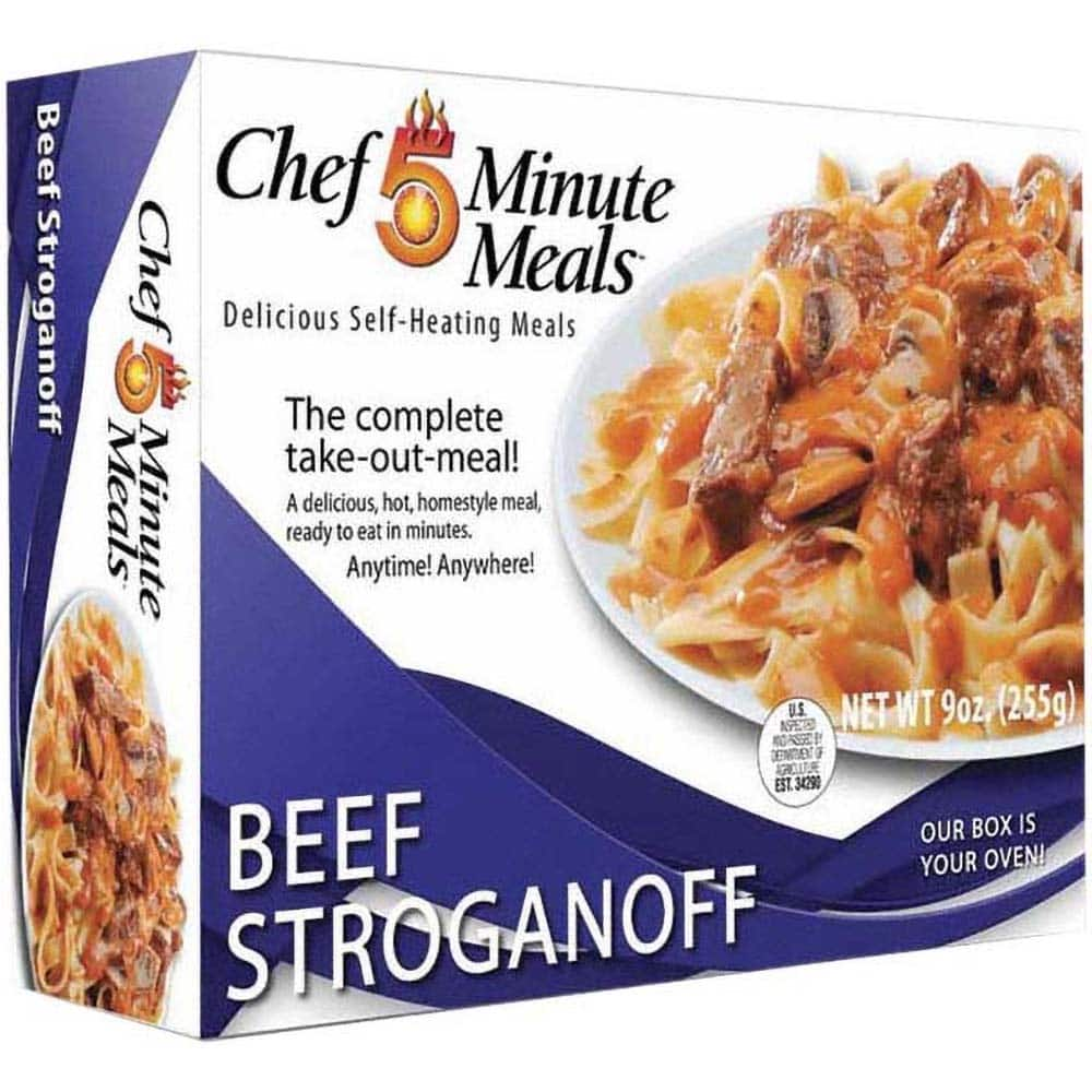 Chef Minute Meals - Emergency Preparedness Supplies Type: Ready-to-Eat Beef Stroganoff Meal Contents/Features: Heater Pad & Activator Solution; Cutlery Kit w/Utensils, Salt & Pepper Packets; 9-oz Entr e - Exact Industrial Supply