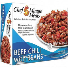 Chef Minute Meals - Emergency Preparedness Supplies Type: Ready-to-Eat Beef Chili Meal Contents/Features: Heater Pad & Activator Solution; Cutlery Kit w/Utensils, Salt & Pepper Packets; 9-oz Entr e - Exact Industrial Supply