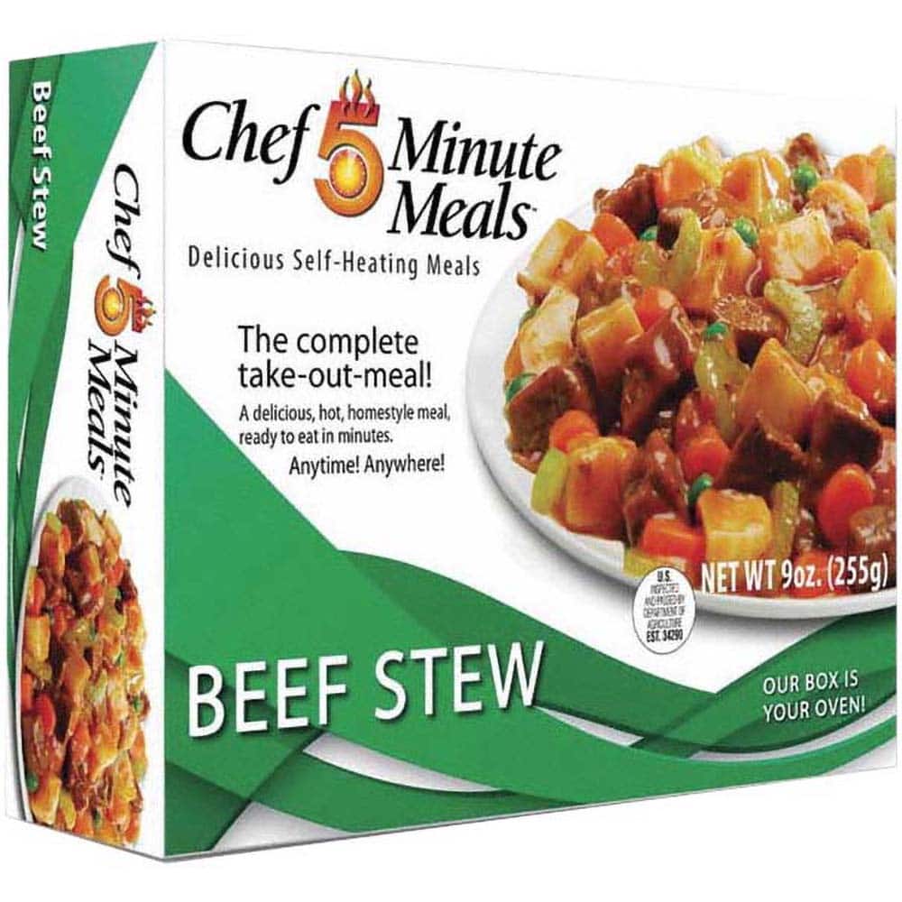 Chef Minute Meals - Emergency Preparedness Supplies Type: Ready-to-Eat Beef Stew Meal Contents/Features: Heater Pad & Activator Solution; Cutlery Kit w/Utensils, Salt & Pepper Packets; 9-oz Entr e - Exact Industrial Supply
