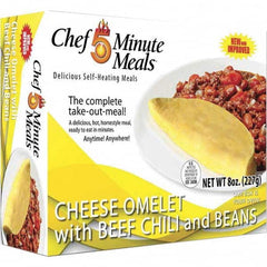 Chef Minute Meals - Emergency Preparedness Supplies Type: Ready-to-Eat Omelette and Chili Meal Contents/Features: Heater Pad & Activator Solution; Cutlery Kit w/Utensils, Salt & Pepper Packets; 9-oz Entr e - Exact Industrial Supply