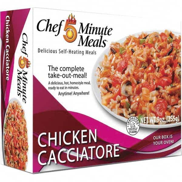 Chef Minute Meals - Emergency Preparedness Supplies Type: Ready-to-Eat Chicken Caciatore Meal Contents/Features: Heater Pad & Activator Solution; Cutlery Kit w/Utensils, Salt & Pepper Packets; 9-oz Entr e - Exact Industrial Supply