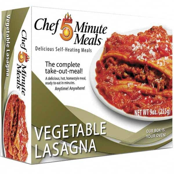 Chef Minute Meals - Emergency Preparedness Supplies Type: Ready-to-Eat Vegetable Lasagna Meal Contents/Features: Heater Pad & Activator Solution; Cutlery Kit w/Utensils, Salt & Pepper Packets; 9-oz Entr e - Exact Industrial Supply