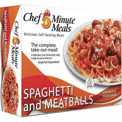 Chef Minute Meals - Emergency Preparedness Supplies Type: Ready-to-Eat Spaghetti and Meat Ball Meal Contents/Features: Heater Pad & Activator Solution; Cutlery Kit w/Utensils, Salt & Pepper Packets; 9-oz Entr e - Exact Industrial Supply