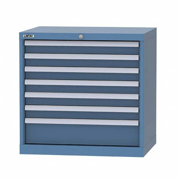 LISTA - 7 Drawer, 124 Compartment Bright Blue Steel Modular Storage Cabinet - Exact Industrial Supply