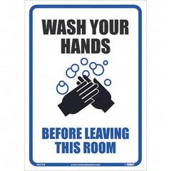 NMC - Safety & Facility Labels; Message Type: Restroom, Janitorial & Housekeeping; Restroom & Janitorial ; Header: None ; Legend: Wash Your Hands Before Leaving This Room ; Graphic: Message & Graphic ; Material Type: Pressure-Sensitive Vinyl; Pressure Se - Exact Industrial Supply